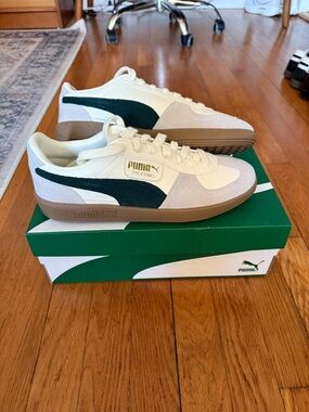 Puma Palermo White Sneakers with Green Accents and Gum Outsole